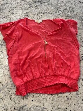 Michael Kors Coral Red Zip-Front Short Sleeve Blouse